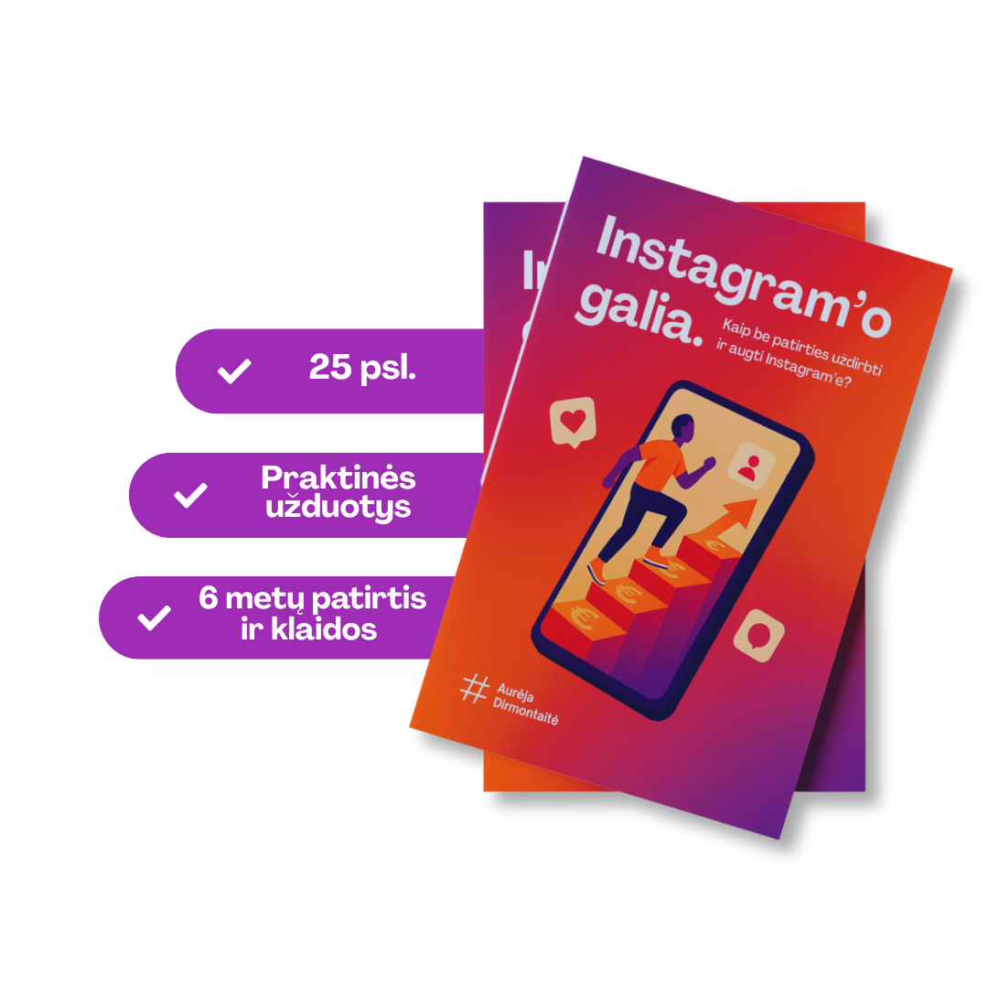 Instagram augimo el. knygos viršelis – 25 puslapiai praktinių užduočių ir 6 metų patirtis
